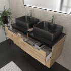 Meuble salle de bains 120cm chêne et noir, vasques rectangulaires et miroir black led 120x70 - omega Aurlane - PACM502
