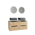 Meuble salle de bains 120cm chêne et noir, vasques carrées et miroirs led ø50cm - omega Aurlane - PACM509