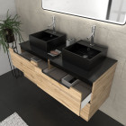 Meuble salle de bains 120cm chêne et noir, vasques carrées et miroir black led 120x70 - omega Aurlane - PACM525