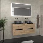 Meuble salle de bains 120cm chêne et noir, vasques rondes ø36cm et miroir led 120x70 - omega