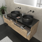 Meuble salle de bains 120cm chêne et noir, vasques rondes ø36cm et miroir led 120x70 - omega Aurlane - PACM577