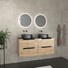 Meuble salle de bains 120cm chêne et noir, vasques rondes ø36cm et miroirs led ø50cm - omega Aurlane - PACM578