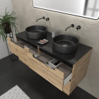 Meuble salle de bains 120cm chêne et noir, vasques rondes ø36cm et miroir black led 120x70 - omega Aurlane - PACM594