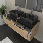 Meuble salle de bains 120cm chêne et noir, vasques rectangles & miroirs avec appliques 55x75 - omega Aurlane - PACM597