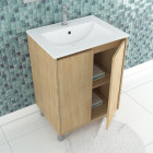 Pack meuble salle de bains 60cm chêne clair 2 portes, vasque, miroir 60x80 et réglette led - xenos Aurlane - PACM611