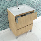 Pack meuble salle de bains 60cm chêne clair 3 tiroirs, vasque, miroir 60x80 et réglette led - xenos Aurlane - PACM619