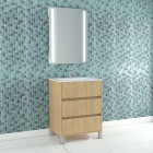 Pack meuble salle de bains 60cm chêne clair 3 tiroirs, vasque, miroir 60x80 à leds intégrées - xenos