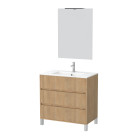 Pack meuble salle de bains 80cm chêne clair 3 tiroirs, vasque, miroir 60x80 et réglette led - xenos Aurlane - PACM631