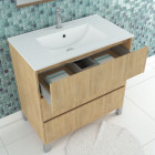 Pack meuble salle de bains 80cm chêne clair 3 tiroirs, vasque, miroir 60x80 et réglette led - xenos Aurlane - PACM631