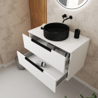 Meuble salle de bains 80cm blanc laqué 2 tiroirs - vasque noire ø36cm et miroir rond black led - jazz Aurlane - PACM649