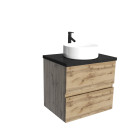 Meuble salle de bains 60cm chêne naturel 2 tiroirs plan en bois effet marbre noir + vasque ronde blanche Aurlane - PACM671