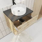 Meuble salle de bains 60cm chêne naturel 2 tiroirs plan en bois effet marbre noir + vasque ronde blanche Aurlane - PACM671
