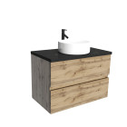 Meuble salle de bains 80cm chêne naturel 2 tiroirs plan en bois effet marbre noir + vasque ronde blanche Aurlane - PACM672
