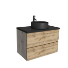 Meuble salle de bains 80cm chêne naturel 2 Tiroirs - Plan effet marbre noir + Vasque Ronde Noire - PACM674