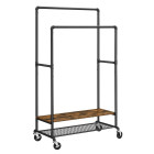 Portant à vêtements extensible support habits sur roulettes avec 2 barres façon tuyaux style industriel 175 cm marron rustique et noir 