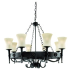 Suspension 8 ampoules cartwheel, en fer forgé noir et verre scavo
