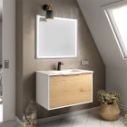 Meuble de salle de bain simple vasque - 1 façade et 2 tiroirs - alba et miroir veldi - blanc-chêne - 80cm