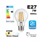 Ampoule led e27 filament 6 ou 7w, blanc chaud, 15.000h ampoule led 7w - 810lm - blanc chaud 2700k