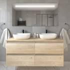Meuble de salle de bain avec vasques à bords arrondies balea et miroir led stam - bambou (chêne clair) - 120cm