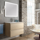Meuble de salle de bain simple vasque - 2 tiroirs - balea et miroir led veldi - bambou (chêne clair) - 80cm