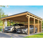 Carport Bois CASTELLANE - 558X555 - Panneau de Fond Intégré - Toiture en Bois + Feutre Bitumeux - Abris Voiture - Autoclave - 2 Voitures