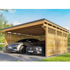 Carport Bois CASTELLANE - 558X555 - Panneau de Fond et Latéraux Intégrés - Toiture en Bois + Feutre Bitumeux - Abris Voiture - 2 Voitures