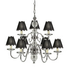 Chandelier tilburg, nickel poli, 9 abat-jours noirs