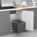 Poubelle de recyclage Recycle pour cuisine, 2 x 16 L, fixation par le bas et extraction manuelle, Plastique gris anthracite