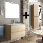 Ensemble meuble de salle de bain 100cm simple vasque + colonne de rangement - bambou (chêne clair)