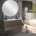 Meuble de salle de bain simple vasque - 2 tiroirs - iris et miroir rond led solen - britannia (chêne foncé) - 80cm