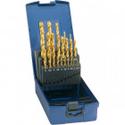 Jeu de forets hélicoïdaux, coffret plastique, acier à coupe rapide, type N, DIN 338, revêtement TiN, Ø h8 : 1,00-10,50 mm, Nombre de forets 24 pièces