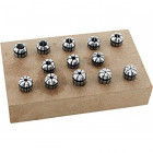 Jeu de pinces de serrage sur socle en bois, Capacité de serrage : 1-7 mm, Pince de serrage type ER11, Contenu 7 éléments