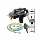Pack réchaud gaz fonte 3 robinets de réglage 9.8 kw + connectique gaz et détendeur  haute stabilité