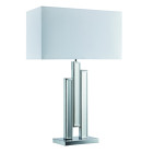 Lampe de table colonne miroir et chrome, abat-jour simili soie blanche