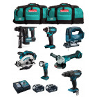 Makita kit mk701 (ddf482 dhr171 dga504 dtd152 djv182 dss610 dml802 2 x 5,0 ah dc18rc 2 x lxt600)