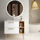 Meuble de salle de bain vasque déportée - 2 tiroirs - malia et miroir rond led solen - blanc - 80cm