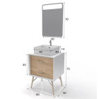 Meuble salle de bain scandinave blanc et bois naturel 60 cm avec tiroirs, vasque à poser et miroir Aurlane - LAV512