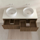 Meuble salle de bains 120 2 tiroirs décor chêne et Noir - Vasque et plan Blancs - Miroirs ovales - YUKI Aurlane - PACM890