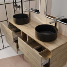 Meuble salle de bains 140 TIMBER Décor chêne 4 Tiroirs et Module Vasques noires Miroirs LED 60x80 Aurlane - PACM857