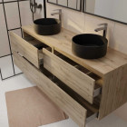Meuble Salle de Bains 160 TIMBER Décor chêne 4 Tiroirs - Vasques à poser Noires 2 Miroirs 75x55 Aurlane - PACM861
