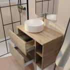 Meuble salle de bains 80 TIMBER Décor chêne Tiroirs + Module - Vasque Blanche - Miroir 60x80 Aurlane - PACM823