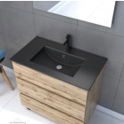 Meuble salle de bains 80cm décor chêne naturel 3 tiroirs - Vasque noire et Miroir Led - TIMBER Aurlane - PACM228