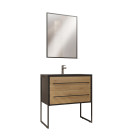 Pack meuble salle de bain 80 cm noir mat & bois 2 tiroirs - vasque noire effet pierre - miroir Aurlane - LAV562