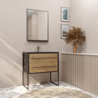 Pack meuble salle de bain 80 cm noir mat & bois 2 tiroirs - vasque noire effet pierre - miroir Aurlane - LAV562