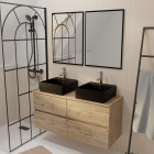 Meuble salle de bains 120cm 4 tiroirs chêne naturel, 2 vasques noires 41x41x15cm, 2 miroirs 55x75cm Aurlane - PACM765