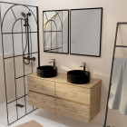 Meuble salle de bains 120cm 4 tiroirs chêne naturel, 2 vasques noires ø36cm et 2 miroirs 55x75 cm Aurlane - PACM766