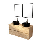 Meuble salle de bains 120cm 4 tiroirs chêne naturel, 2 vasques noires ø41cm et 2 miroirs 55x75 cm Aurlane - PACM764