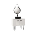 Meuble salle de bains 80cm blanc et noir sur pieds - 2 portes - vasque ronde et miroir barbier noir Aurlane - LAV623