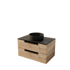 Meuble salle de bains 80 cm à suspendre décor bois et plan noir - 2 tiroirs - vasque noire ø36 cm Aurlane - PACM775