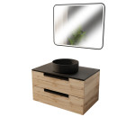 Meuble salle de bains 80cm décor bois et noir, 2 tiroirs, vasque noire ø36cm et miroir led 80x60cm Aurlane - PACM777